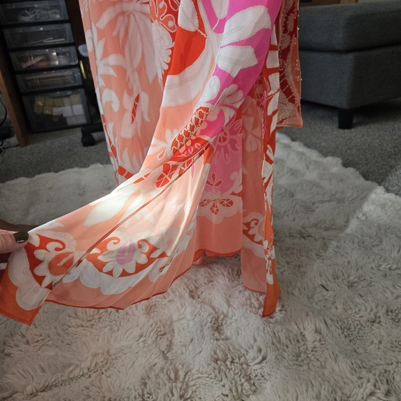 Josie Natori Mantilla Scroll Sequinned Floral Dress Orange Pink Size M/L - Picture 7 of 11